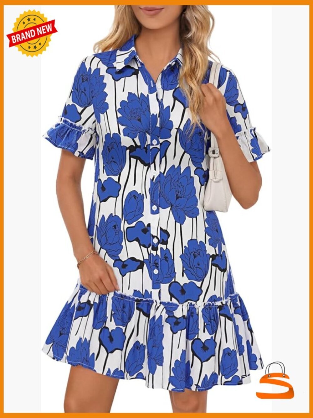 Button Down Ruffle Sleeve Shift Mini Dress with Pockets